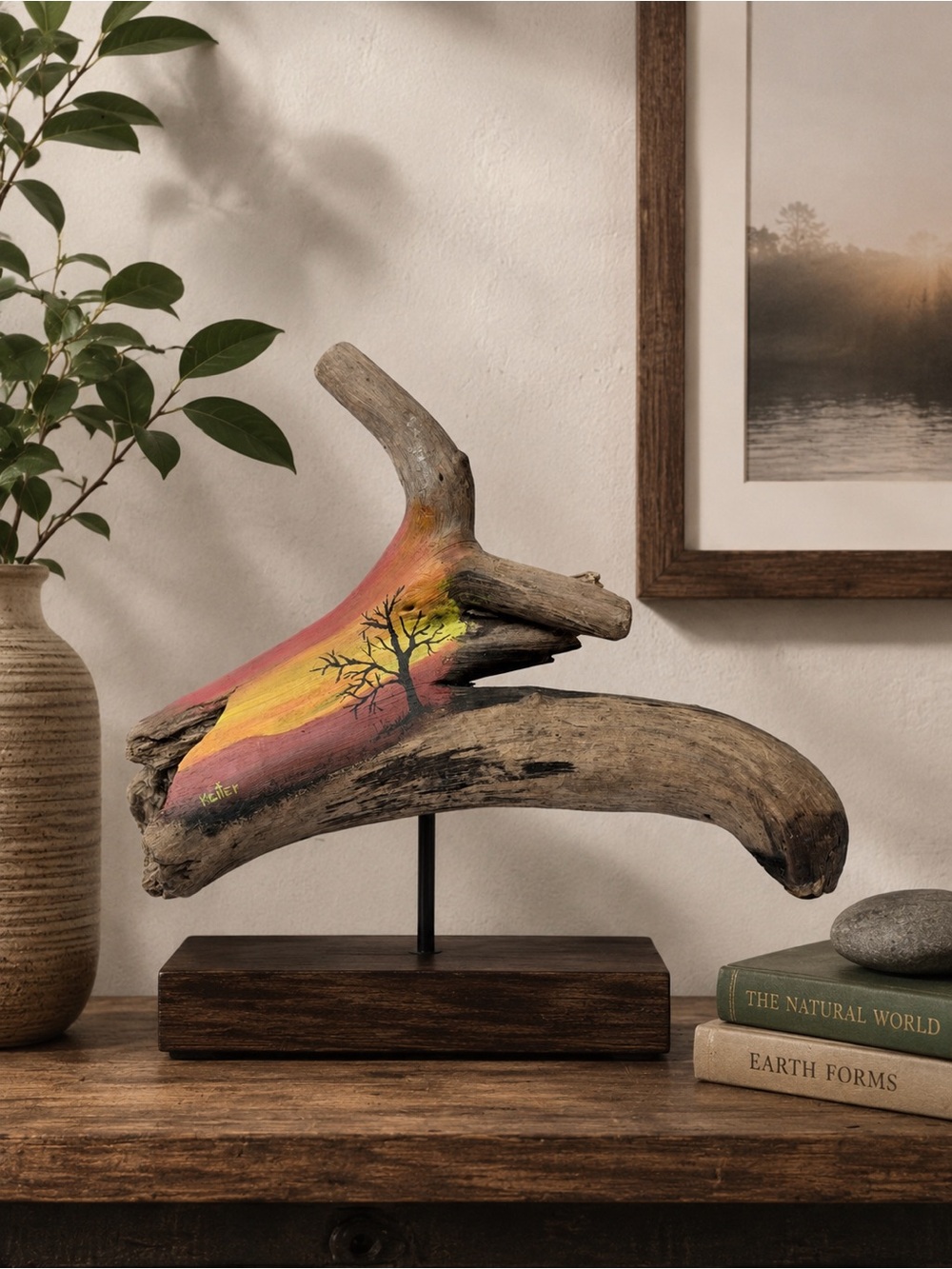 Sunset Tree Driftwood Wall Art — Red & Yellow Accent